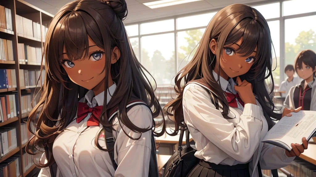 (((Masterpiece, highest quality, high definition, high detail)))), (((modern))), ((Inside college library)), ((standing in library)), (((one girl))), detailed eyes, beautiful face, tomboy, student clothes, girl with dark skin, ((long black hair in a bun)), hazel eyes, blunt bangs, wearing student clothes, student skirt, blushed face, large breasts, (dark skin*0.8), (long brown + wavy hair*1.2), looking at viewer, kind look, smiling sweetly