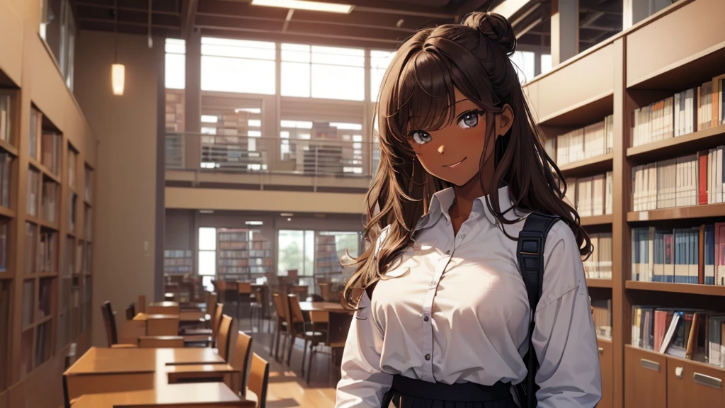 (((Masterpiece, highest quality, high definition, high detail)))), (((modern))), ((Inside college library)), ((standing in library)), (((one girl))), detailed eyes, beautiful face, tomboy, student clothes, girl with dark skin, ((long black hair in a bun)), hazel eyes, blunt bangs, wearing student clothes, student skirt, blushed face, large breasts, (dark skin*0.8), (long brown + wavy hair*1.2), looking at viewer, kind look, smiling sweetly