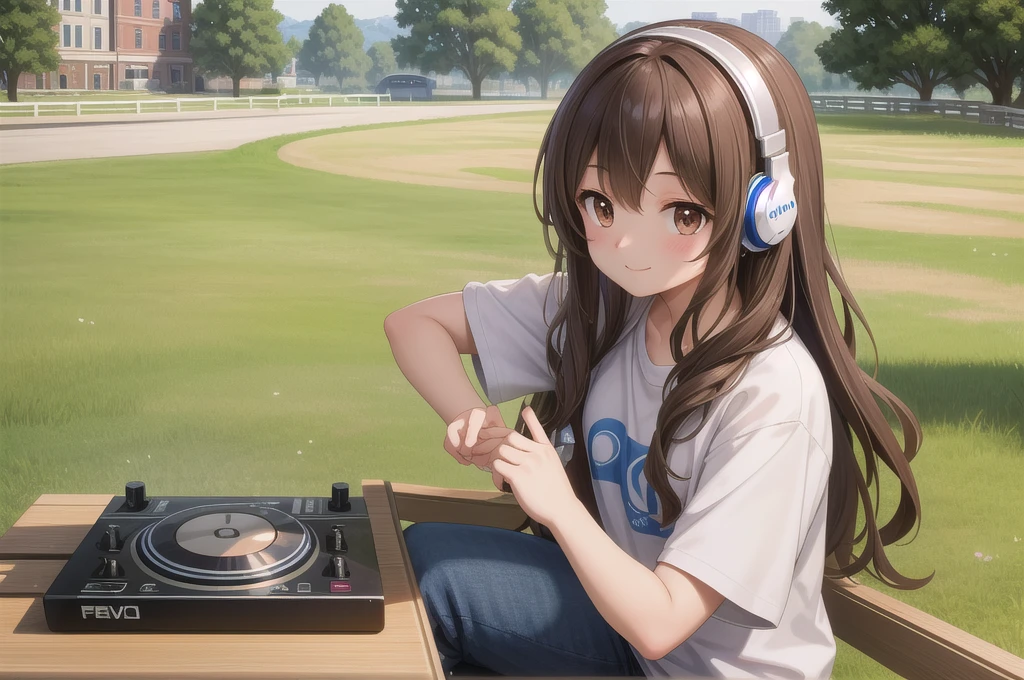 One girl, alone, 20-year-old, Brown eyes, Brown Hair, Long, beautiful wavy hair, smile, Nice casual clothes, grassland, Sit on a bench, headphone, Detailed DJ equipment, djing, masterpiece, Fine Fingers, 最high quality:1.4, high quality, detailed,
