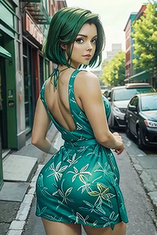 scene details, UHD, of a woman on the street, walking backwards, wears a short floral dress, green hair, green skin, green eyes, (((great )))
