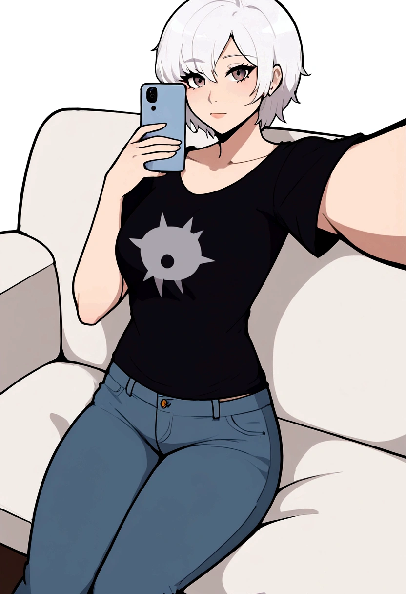 woman, taking a (selfie:1.5) , (black T-shirts and denim pants), sitting on the sofa, white background, (short hair), BREAK, LAW, best-quality, masterpiece,