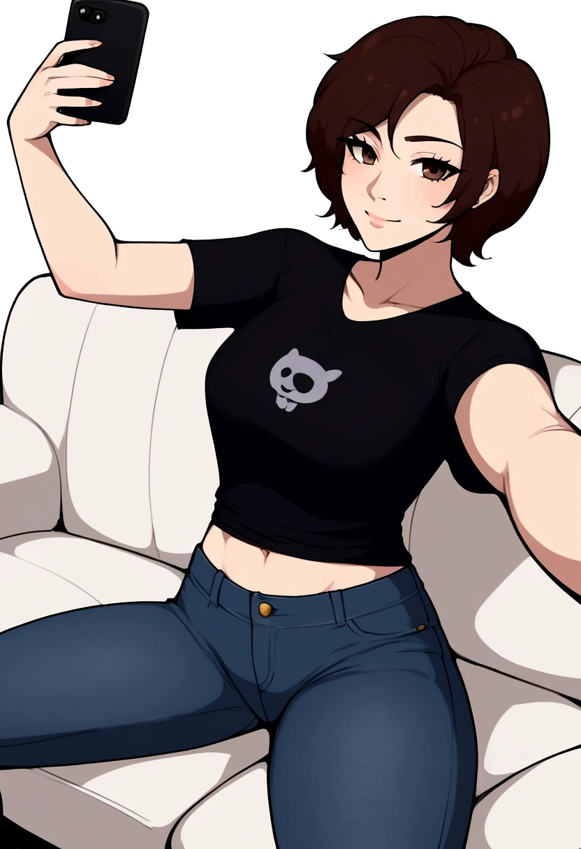 woman, taking a (selfie:1.5) , (black T-shirts and denim pants), sitting on the sofa, white background, (short hair), BREAK, LAW, best-quality, masterpiece,