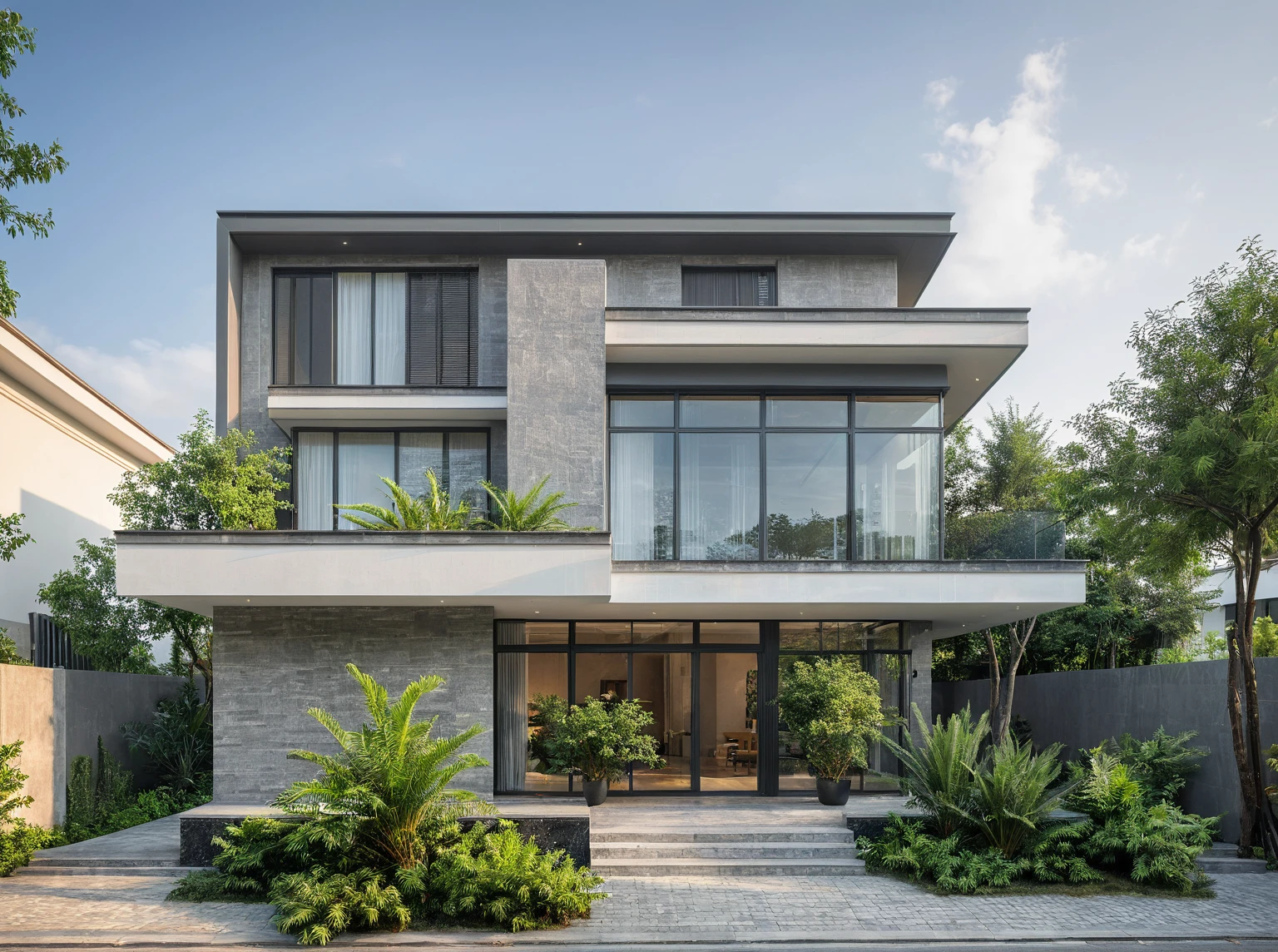 modern villa on street, (daylight), tropical tree, green shrub and plants, vivid color, streetcapes, minimalist design, brigth grey tone, large glass door, warm interior lighting, modern material, best quality, ultra realistic, masterpiece, 17ArchiAI_XL_VL-v1
