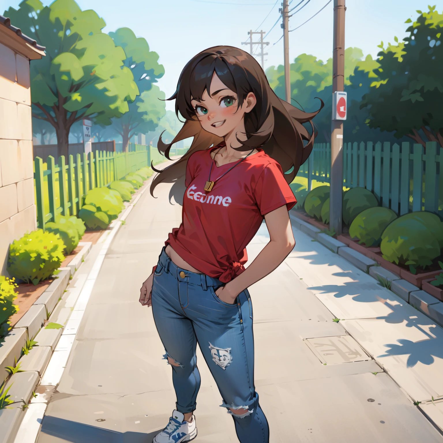 A highly detailed and realistic depiction of a young girl standing outdoors on a sunny day. She has light brown skin, long black hair tied back, and a friendly smile. She is wearing a red T-shirt with the "Supreme" logo in white across the chest, a necklace with a small pendant, blue jeans, and dark blue sneakers. The background shows a blurry street scene with people and a green fence, suggesting an urban or school environment. The lighting is natural, indicating it’s daytime. The image should be photorealistic and highly detailed, capturing the girl's cheerful expression and casual attire.