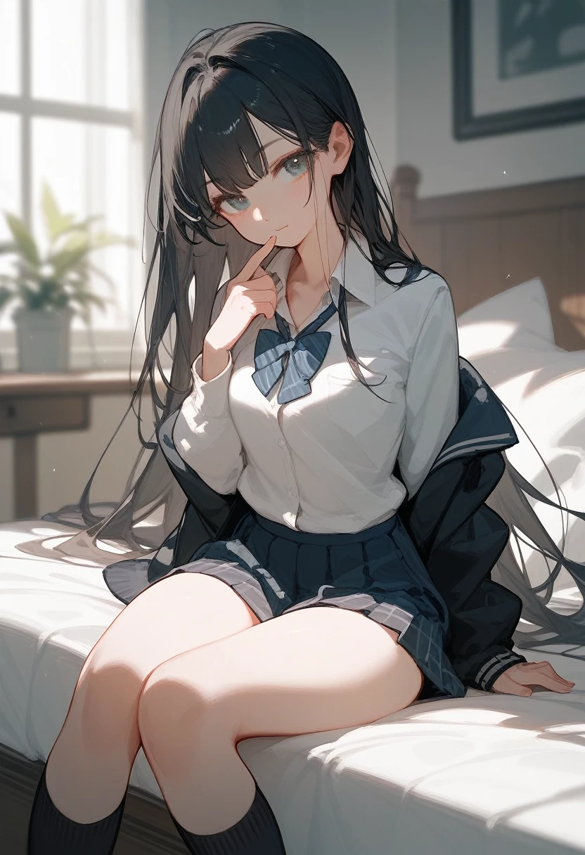 girl、high school student、Long Hair、Sitting on the bed