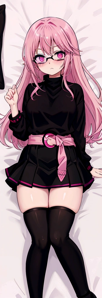 pink hair black glasses pink eyes extremely blushing a big pink sweater short black skirt at the waist chains black stockings be a reserved girl in your bed