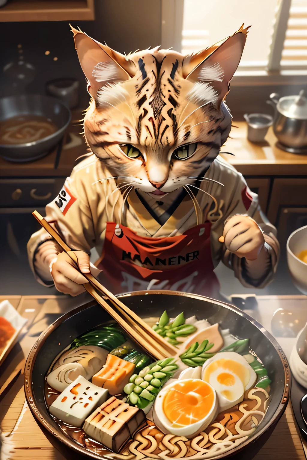 (A brown tabby cat is preparing ramen on the table:1.2)、(manner:1.3)、Close-up photo at Glasstech Kitchen、Ultra-realistic and intricate detail、(Foggy:1.1)、Top view