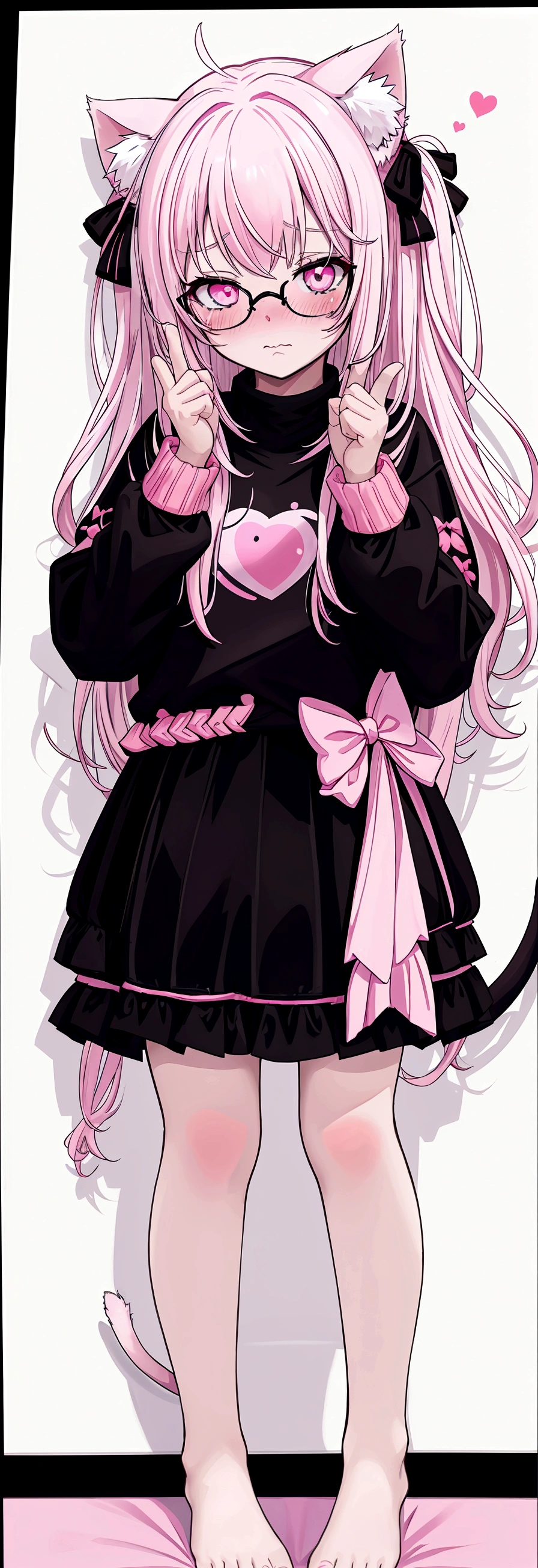 I have white pink hair, cat ears, a bow, my face is super blushing, black glasses, pink heart eyes, a big pink sweatshirt, a black skirt, black stockings, what's up, barefoot, a cat's tail, a girl Very shy