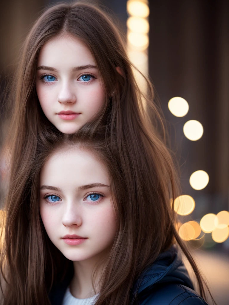Close up of a teenage girl, pale or pale skin, red cheeks, light blue eyes, long light brown hair, in a city at night, with lights, black coat, beautiful, radiant skin, 4k.