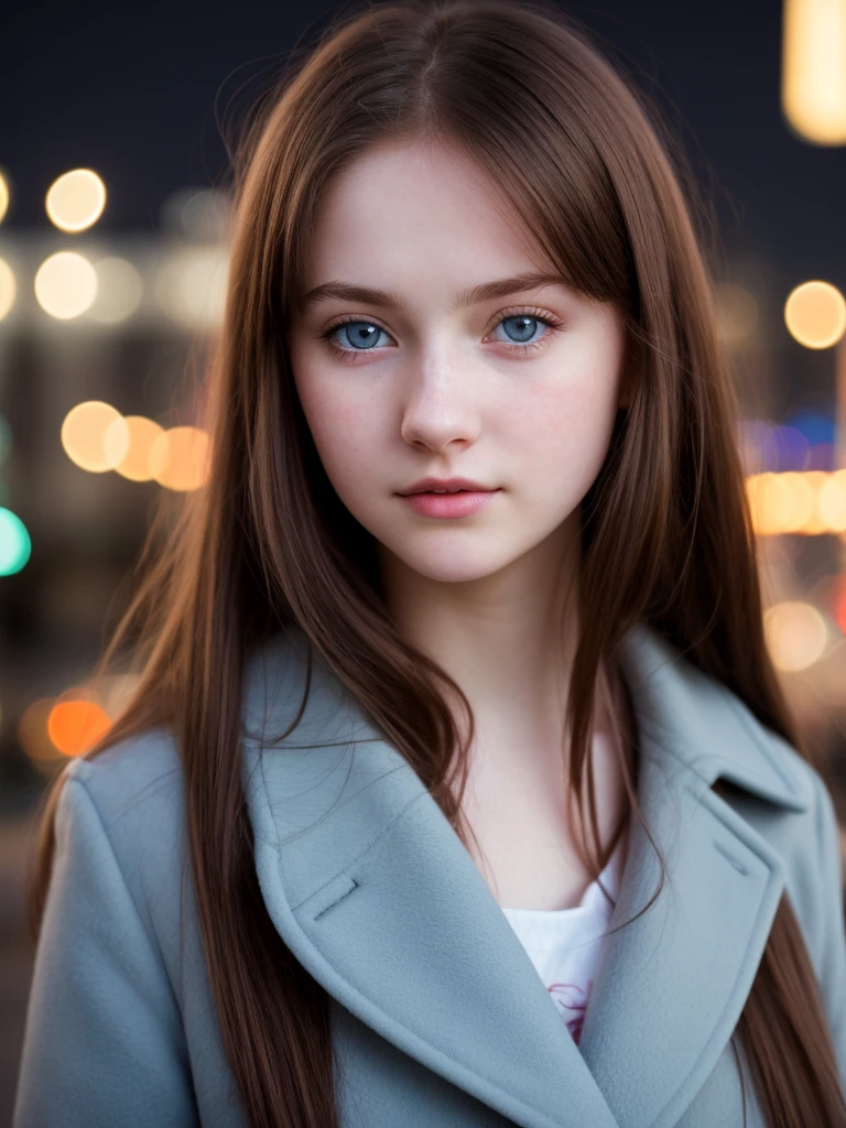 Close up of a age girl, pale or pale skin, red cheeks, light blue eyes, long light brown hair, in a city at night, with lights, black coat, beautiful, radiant skin, 4k.