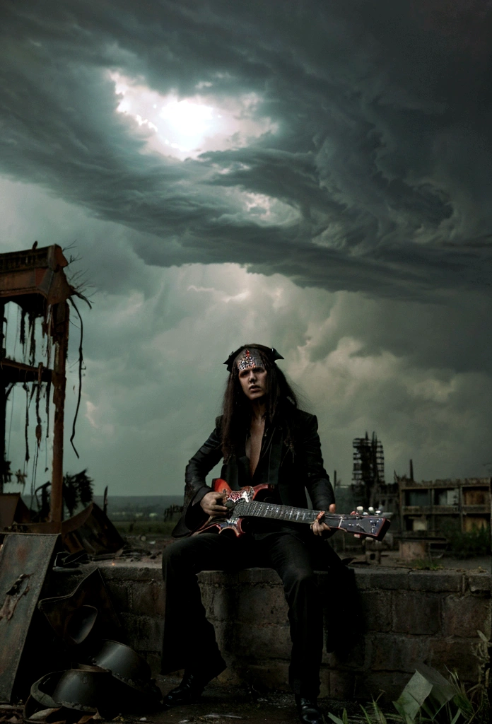 Heavy metal album cover with the devil playing guitar in front, Ruins and storms in the background