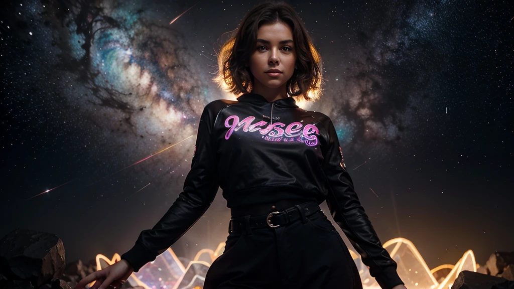 a cute, slender, aerobics instructor, very short brown hair, very short brown hair, very short brown hair, very short brown hair, very short brown hair, brown eyes, dimples, fully clothed, fully clothed, fully clothed, fully clothed, sexy pose; In a kaleidoscopic realm of swirling stardust and neon nebulae, her incandescent form outshines quasars, with obsidian tresses cascading down her silhouette.
