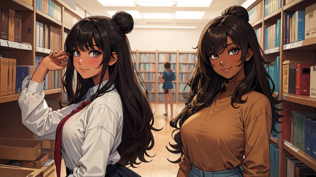 (((Masterpiece, highest quality, high definition, high detail)))), (((modern))), ((Inside college library)), ((standing in library)), (((one girl))), detailed eyes, beautiful face, tomboy, student clothes, girl with dark skin, ((long black hair in a bun)), hazel eyes, blunt bangs, wearing student clothes, student skirt, blushed face, large breasts, (dark skin*0.8), (long brown + wavy hair*1.2), looking at viewer, kind look, smiling sweetly