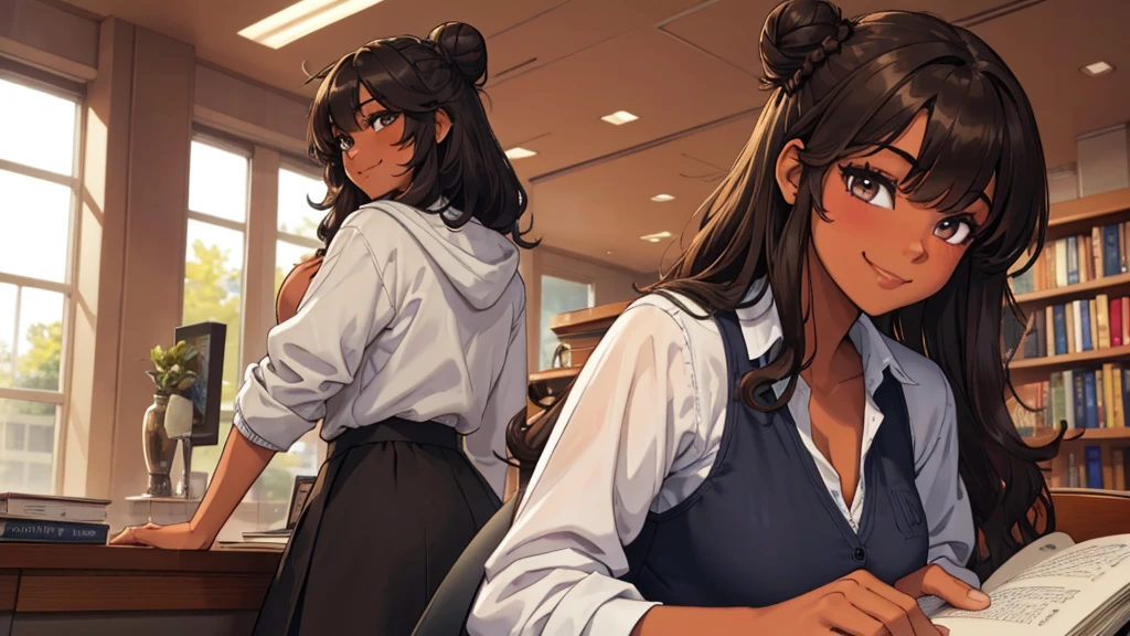 (((Masterpiece, highest quality, high definition, high detail)))), (((modern))), ((Inside college library)), ((standing in library)), (((one girl))), detailed eyes, beautiful face, tomboy, student clothes, girl with dark skin, ((long black hair in a bun)), hazel eyes, blunt bangs, wearing student clothes, student skirt, blushed face, large breasts, (dark skin*0.8), (long brown + wavy hair*1.2), looking at viewer, kind look, smiling sweetly