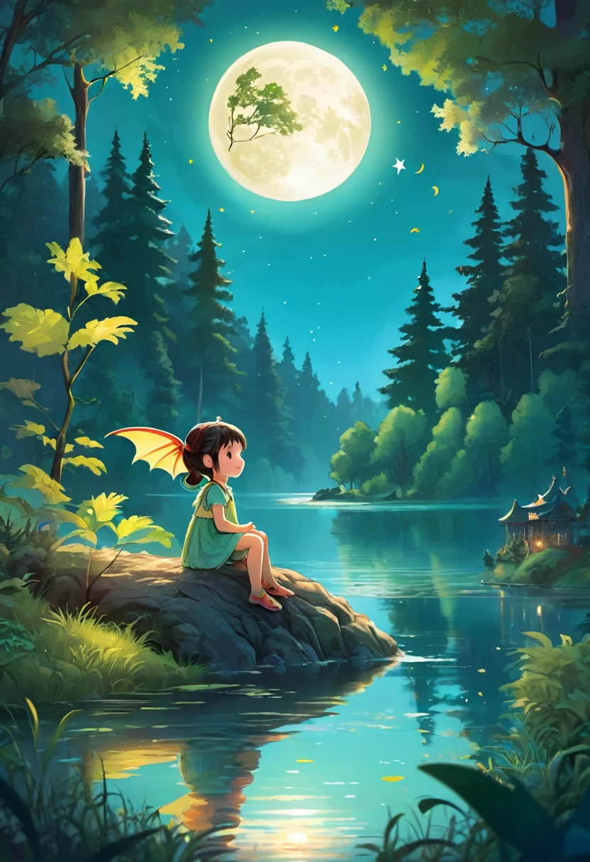 Forest background with large lake, 1 girl about 5 years old, Cute dragon, bright moon