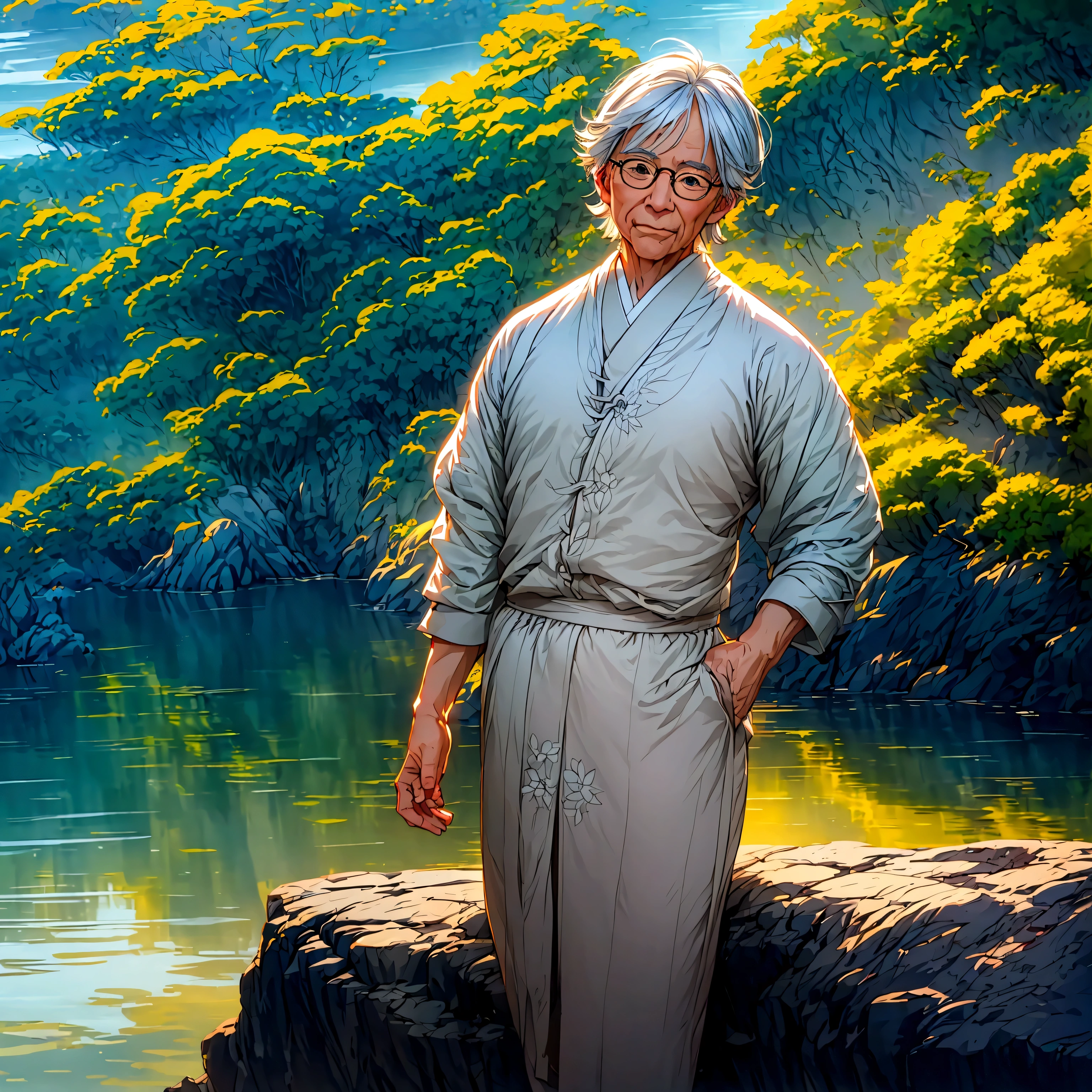 Create a high-quality anime-style image featuring an elderly man standing on a rocky cliff by the sea. The man has white hair, a beard, and is wearing round glasses. He is dressed in a white shirt, beige pants rolled up at the ankles, and white sneakers. His posture is relaxed, with his hands in his pockets, gazing thoughtfully into the distance.
The background consists of a clear blue sky filled with fluffy, white clouds. Below the cliff, there is a calm sea with boats and a small coastal village nestled at the foot of green, mountainous terrain. The scene captures a peaceful, reflective moment, with vibrant colors and detailed shading to emphasize the tranquil and contemplative atmosphere.