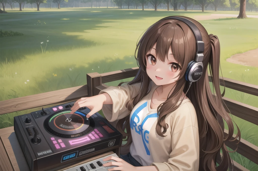 One girl, alone, 20-year-old, Brown eyes, Brown Hair, Long, beautiful wavy hair, smile, Nice casual clothes, grassland, headphone, Detailed DJ equipment, djing, masterpiece, Fine Fingers, 最high quality:1.4, high quality, detailed,