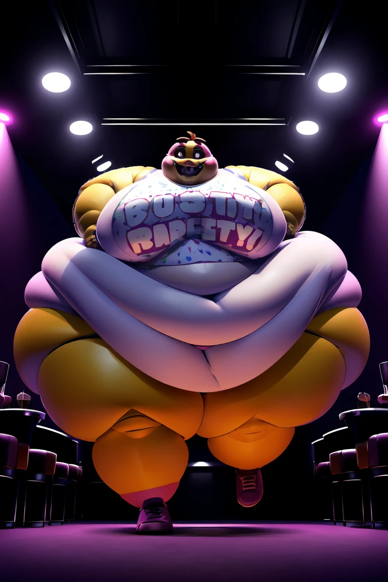 Chica from Five Nights at Freddy's, ((insanely big thighs)), ((fat rolls)), ((gigantic hips)), massive lower body, (thighs several times wider than body), thighs occupy lower half of frame, ((massive thighs)), ((ssbbw)), ((obese)), ((morbidly obese)), plain pink panties, ((running towards viewer)), grin, party room background, scary, ominous lighting, ((arms outstretched towards viewer))