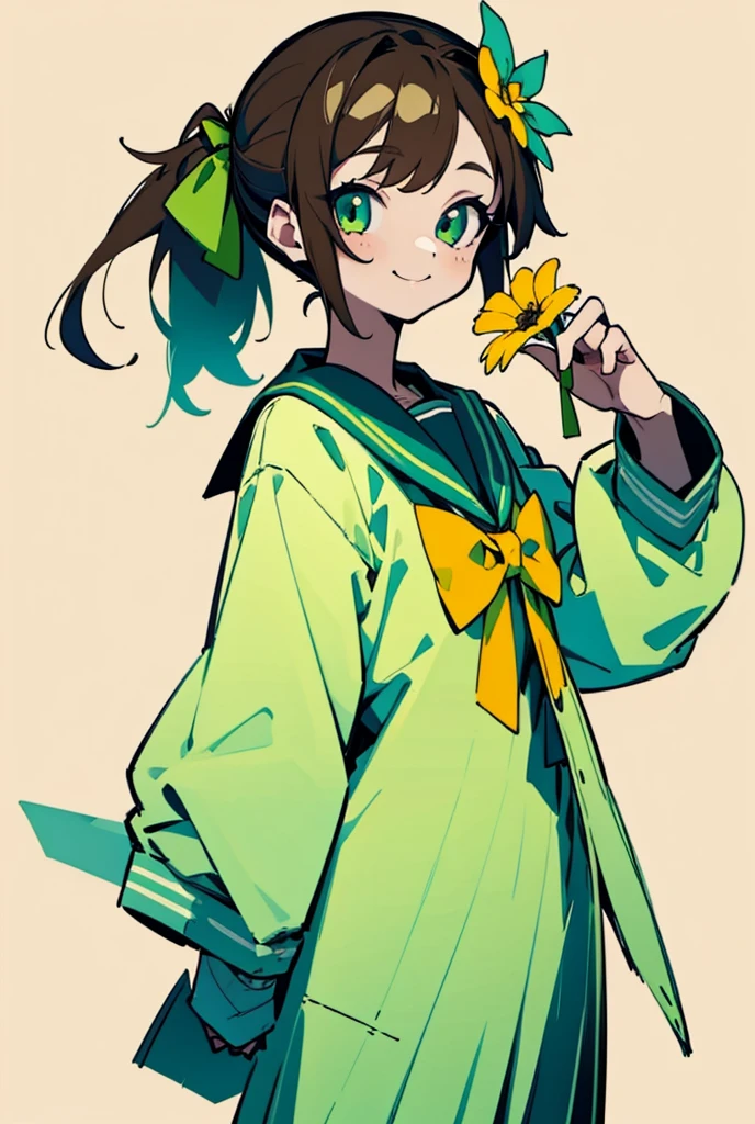 1 Girl,Brown side ponytail,Green eyes,bow tie,Sailor Suit,Holding a bright little flower,bandage on hands,Flat painting style,Simple background,beautiful eyes,Highest quality,Smile,Cool colors
