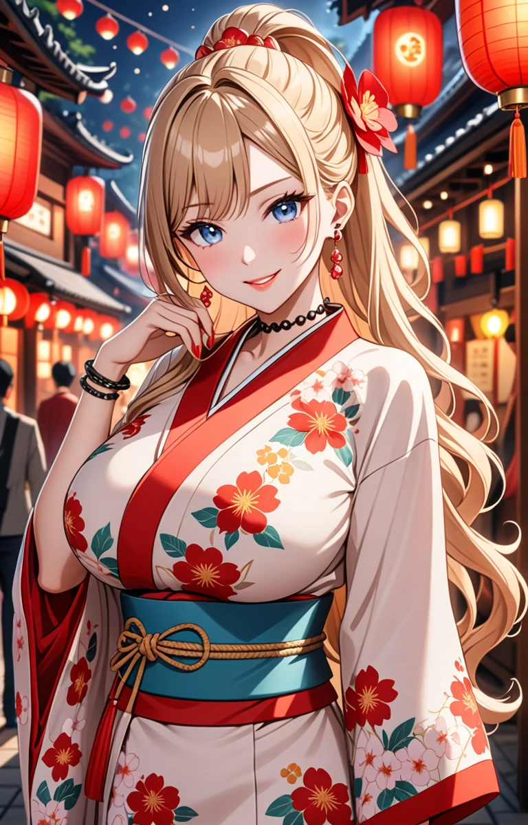 ((one girl)), hyper detailed, absurdres, 8K,Cute face, Beautiful Face, (Laugh shyly), ((laugh:1.6)), ((Wink:1.8)), ((Laugh with your mouth wide open)),(Tilt your head:1.3), View your viewers, ((Bright red cheeks:1.6)),Glossy Red Lips, ((Big Breasts:1.4)) night, Shrine festival stalls, (Brighten your face), ((Anime style background)),masterpiece, Highest quality, so beautiful,Latest, Complex details, (Pink long nails), (nail art), (ring),(bracelet), (helix piercing:1.7), (Floral Choker),AI-generated, Complex,High resolution, Highest quality, super high quality,3D Images、3D Images,One person,Blonde long hair,(High Ponytail), (Wavy Hair), Anime woman posing for a photo, ((Fine grain、blue eyes、Shining Eyes:1.4)), (Squint your eyes:1.1),a hyperRealistic , hyperRealistic , Realistic,Long blonde anime woman, Smooth anime CG art, Pink large floral patternの刺繍が入った、A girl in a gorgeous kimono, ((White long-sleeved kimono)),(Pink large floral pattern) ,Long flower hair ornament,Floral Earrings,Mature Body, expensive,Abdominal muscles,Tight waist,((face focus:1.5)), (front view),