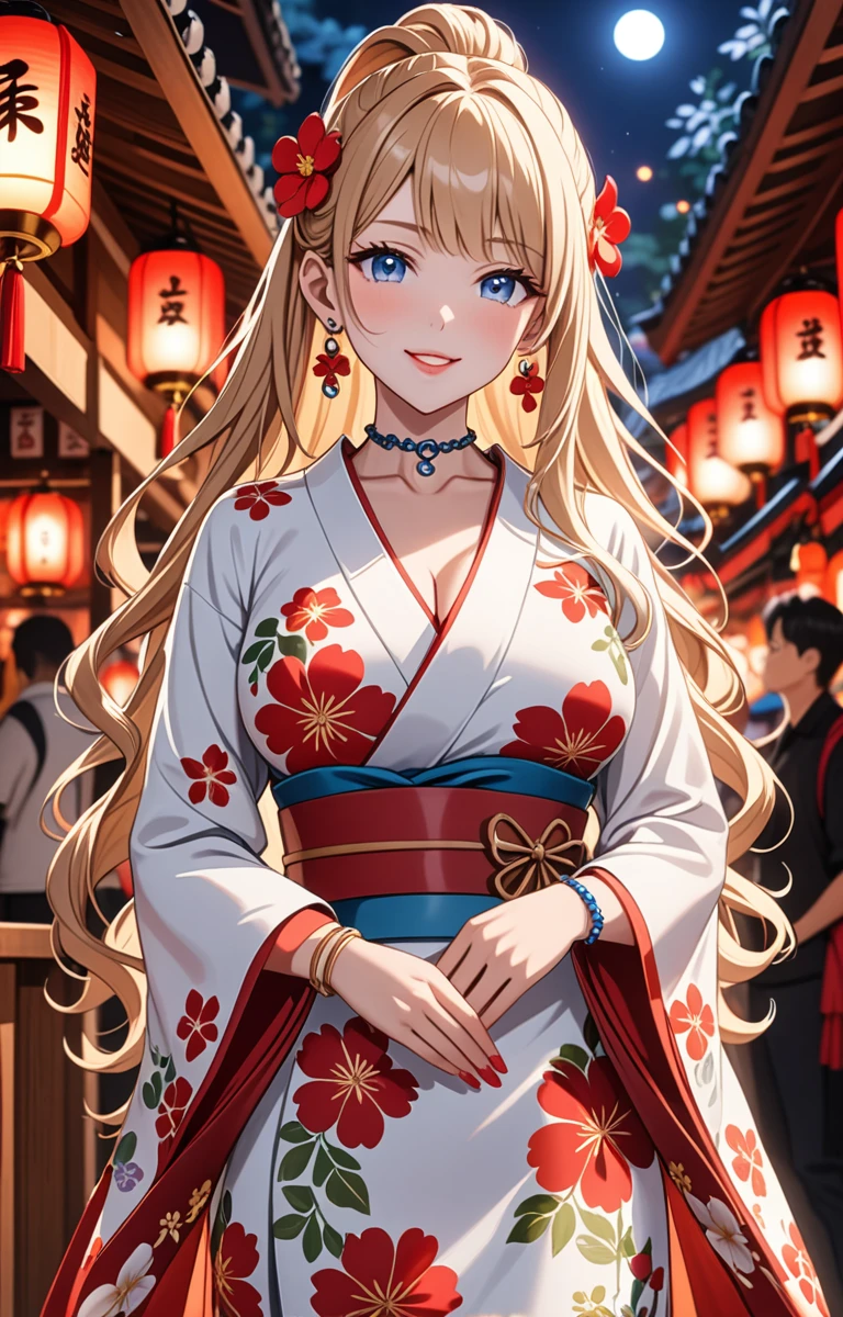 ((one girl)), hyper detailed, absurdres, 8K,Cute face, Beautiful Face, (Laugh shyly), ((laugh:1.6)), ((Wink:1.8)), ((Laugh with your mouth wide open)),(Tilt your head:1.3), View your viewers, ((Bright red cheeks:1.6)),Glossy Red Lips, ((Big Breasts:1.4)) night, Shrine festival stalls, (Brighten your face), ((Anime style background)),masterpiece, Highest quality, so beautiful,Latest, Complex details, (Pink long nails), (nail art), (ring),(bracelet), (helix piercing:1.7), (Floral Choker),AI-generated, Complex,High resolution, Highest quality, super high quality,3D Images、3D Images,One person,Blonde long hair,(High Ponytail), (Wavy Hair), Anime woman posing for a photo, ((Fine grain、blue eyes、Shining Eyes:1.4)), (Squint your eyes:1.1),a hyperRealistic , hyperRealistic , Realistic,Long blonde anime woman, Smooth anime CG art, Pink large floral patternの刺繍が入った、A girl in a gorgeous kimono, ((White long-sleeved kimono)),(Pink large floral pattern) ,Long flower hair ornament,Floral Earrings,Mature Body, expensive,Abdominal muscles,Tight waist,((face focus:1.5)), (front view),