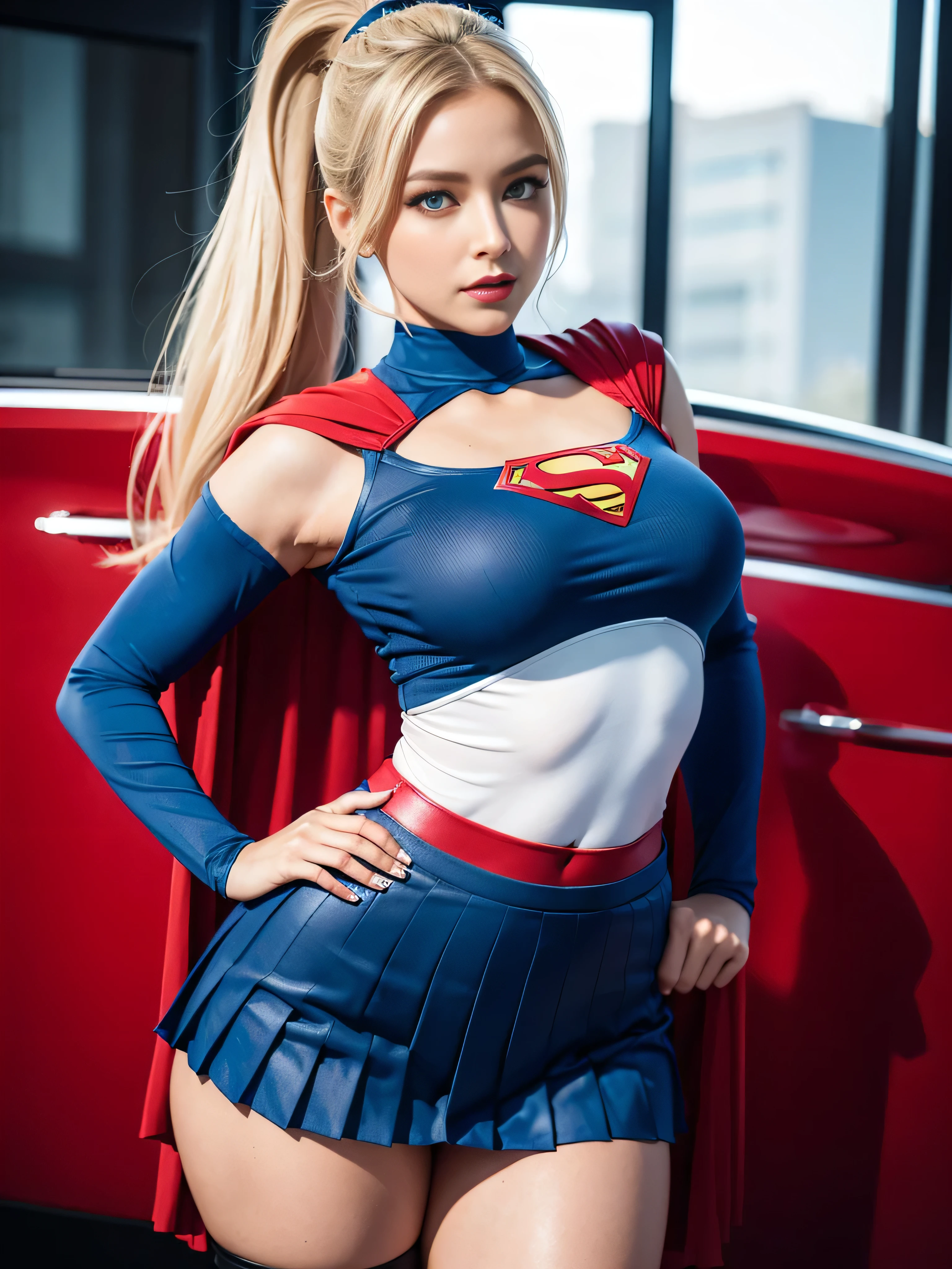 4k, realistic, charismatic, very detailed, there is a girl in the sky, dressed in a super girl costume, she is a super girl, superhero theme, blonde large hair, ponytail, 20 years, full body, (detail in the eyes), (detail in the face), incredibly beautiful, blue eyes, blush, makeup, red lipstick, miniskirt, (wide hips),  (thick thighs), small breasts, dress,, seductive pose, (extreme hourglass figure), thin, svelte, white skirt, boots, tight t-shirt, ((pleated mini skirt))