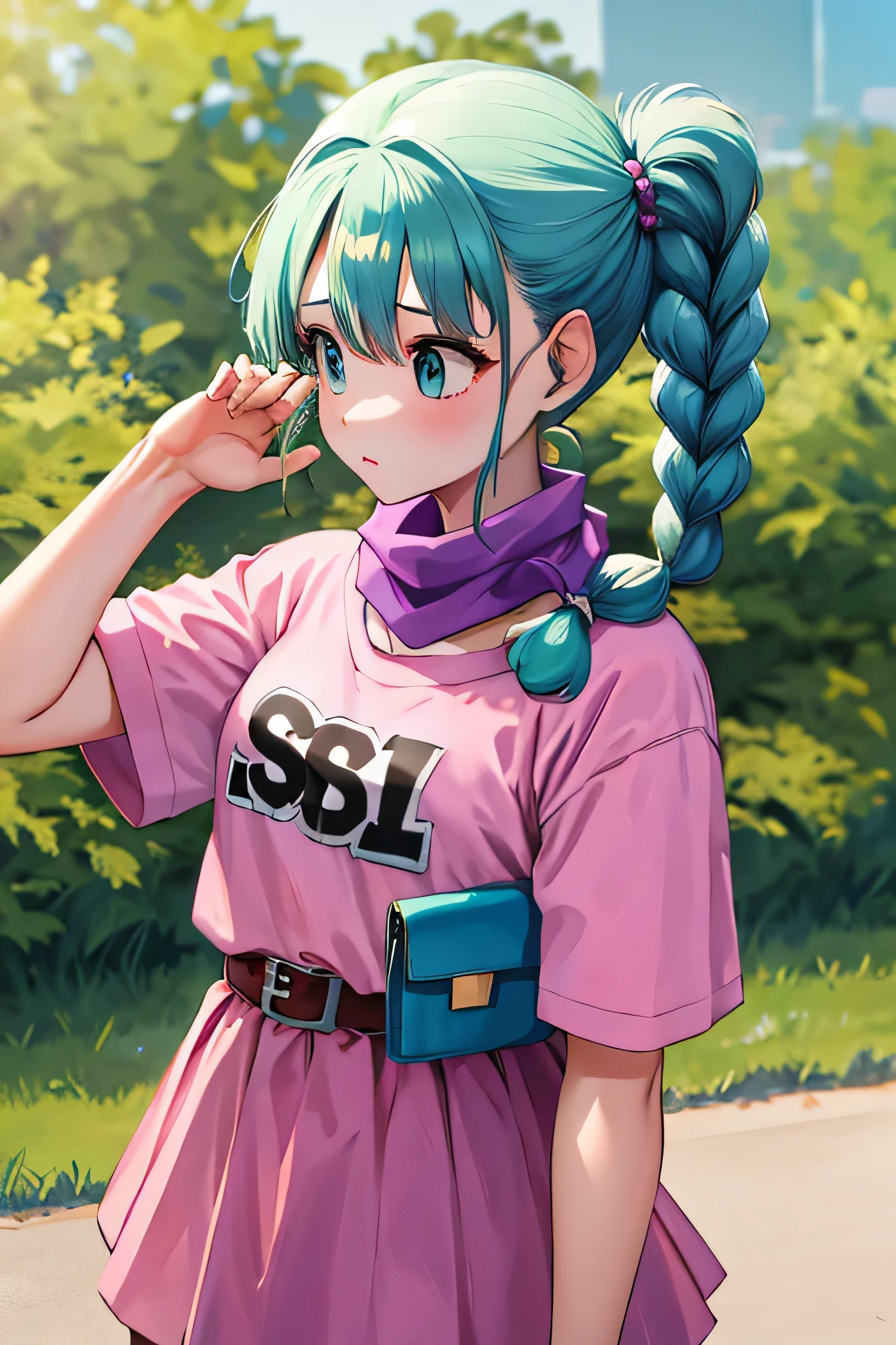 masterpiece, Highest quality, High resolution, drag○n ball, blmp○ny, Aqua Hair, hair ribb○n, braided p○nytail, Pink Shirt, belt, scarf, Pink Skirt, cl○thes writing, br○wn gl○ves, Medium chest, Field, Grass, wariza, :○,