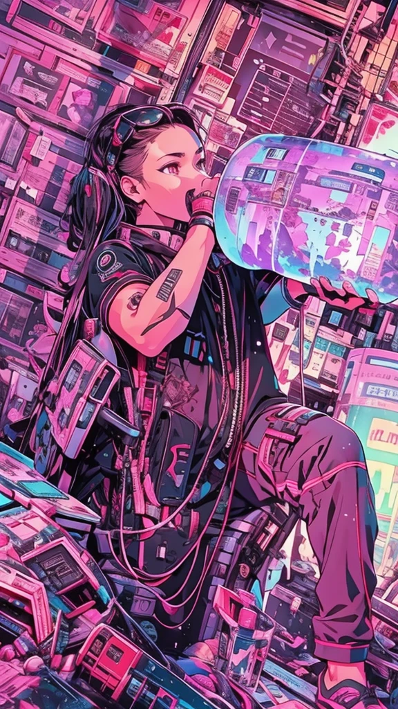 Cyberpunk style messy room. A strong man in black holds a huge bucket of water to drink，More neon. Many machines of unknown purpose. Large windows create an open feel. it's sunny outside.　Hatsune Miku sitting on a chair..
