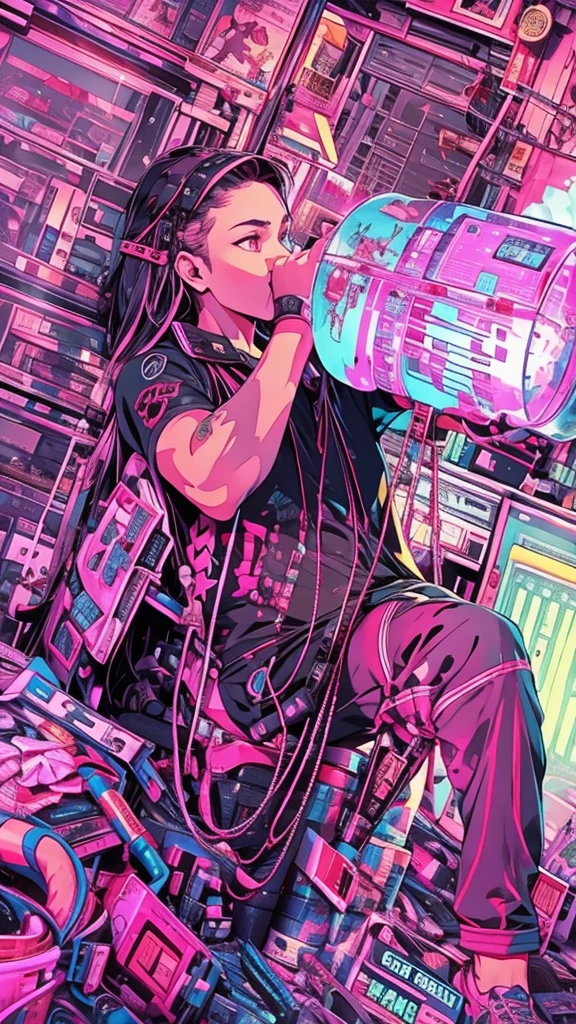 Cyberpunk style messy room. A strong man in black holds a huge bucket of water to drink,More neon. Many machines of unknown purpose. Large windows create an open feel. it's sunny outside. Hatsune Miku sitting on a chair..