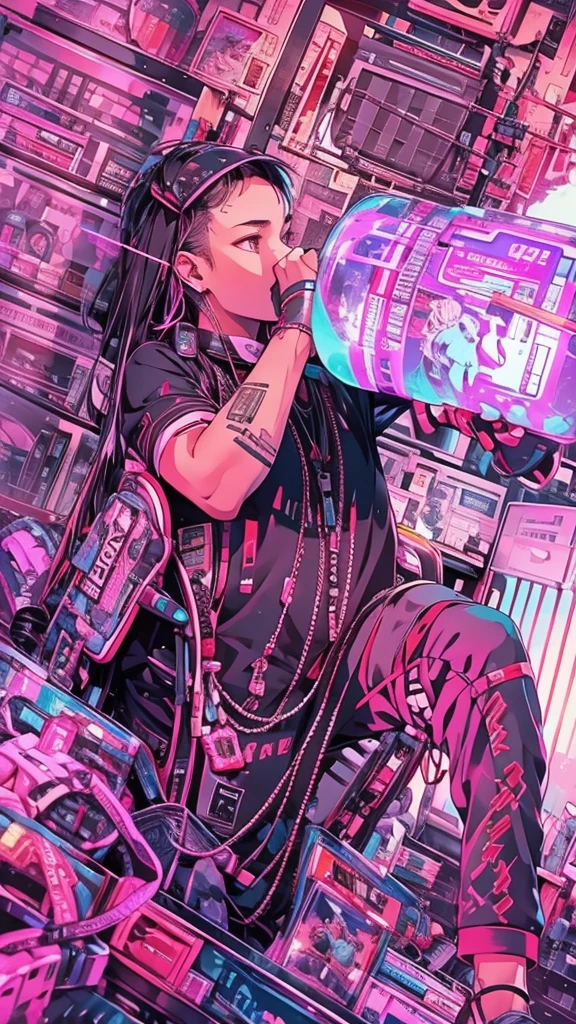 Cyberpunk style messy room. A strong man in black holds a huge bucket of water to drink,More neon. Many machines of unknown purpose. Large windows create an open feel. it's sunny outside. Hatsune Miku sitting on a chair..