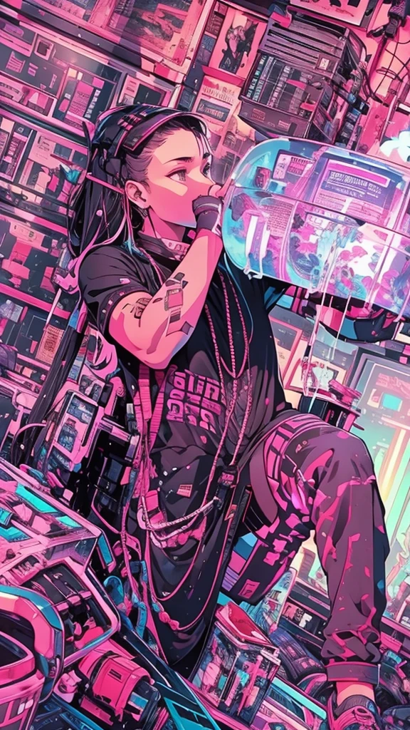 Cyberpunk style messy room. A strong man in black holds a huge bucket of water to drink,More neon. Many machines of unknown purpose. Large windows create an open feel. it's sunny outside. Hatsune Miku sitting on a chair..