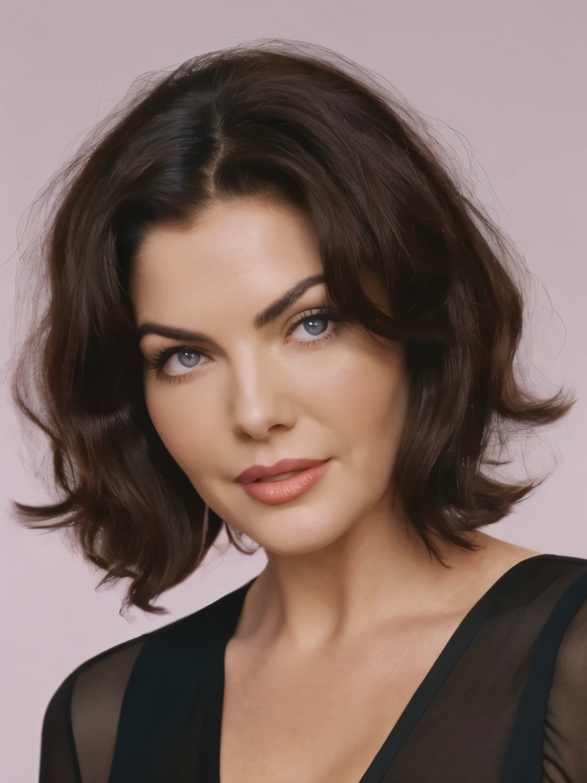 Audrey Horne (Sherilyn Fenn) from the 1990 Twin Peaks series, resemblance to the actress as in the show, thick and bouffant hair, closed bodysuit, blue eye, small fly opposite left eye, 90's, mole under eye, light smile, closed mouth, brown hair, hair behind ear, short hair, hair one side up, big hair, expressive hair, bob cut, hair spread out, floating hair, bokeh, UHD, best quality