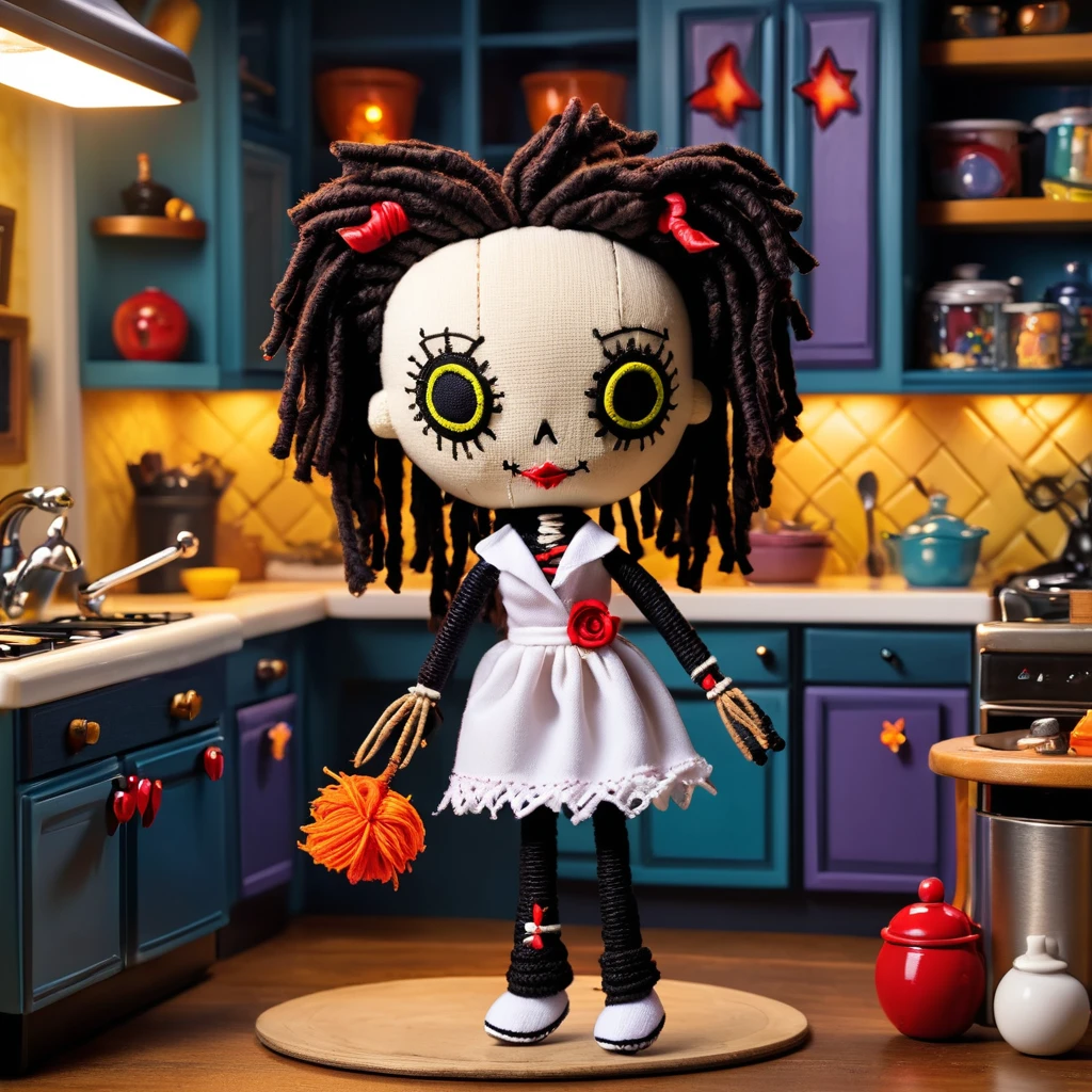 (crocheted voodoo doll:1.5), (voodoo Monica Geller from Friends:1.3), (Clothing: immaculate 90s attire, tailored and clean:1.0), (Accessories: enchanted cleaning products:1.1), (Background: immaculate Friends apartment kitchen with pots and pans, glowing fridge magnets, and a sense of organized perfection:1.2), best quality, masterpiece, detailed soft oil painting, detailed background, dramatic cinematic lighting, soft edge lighting, professional, dramatic lighting, hard edge lighting, ultra quality, 4k,masterpiece, best quality, 8k, ultra highres, highres, extremely detailed