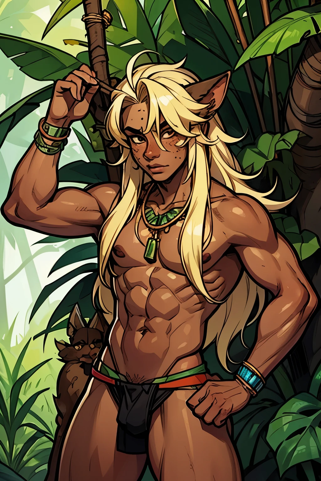 Athletic toned femboy, jungle male with feminine face, dark_skin, brown body, with freckles, dirty face, clean shaved; witchdoctor loincloth, exotic, ethnic; long messy blonde hair, round pantherine ears, feline features, solo