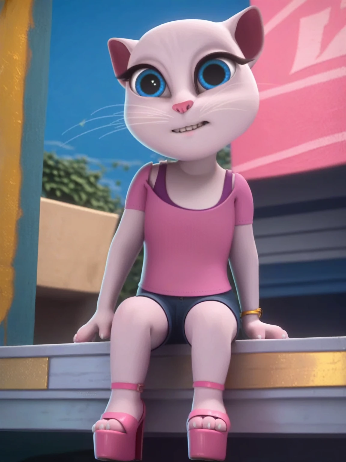 solo focus, a_la, 1girl, cat, white fur, long whiskers on both sides of the face, big bright blue eyes, big black eyelashes, small pink nose, triangular ears with pink channels, small breasts, looking at the viewer, sitting on penis, front view, fuck with legs together, platform high heels, score_9, score_8_up, score_7_up
