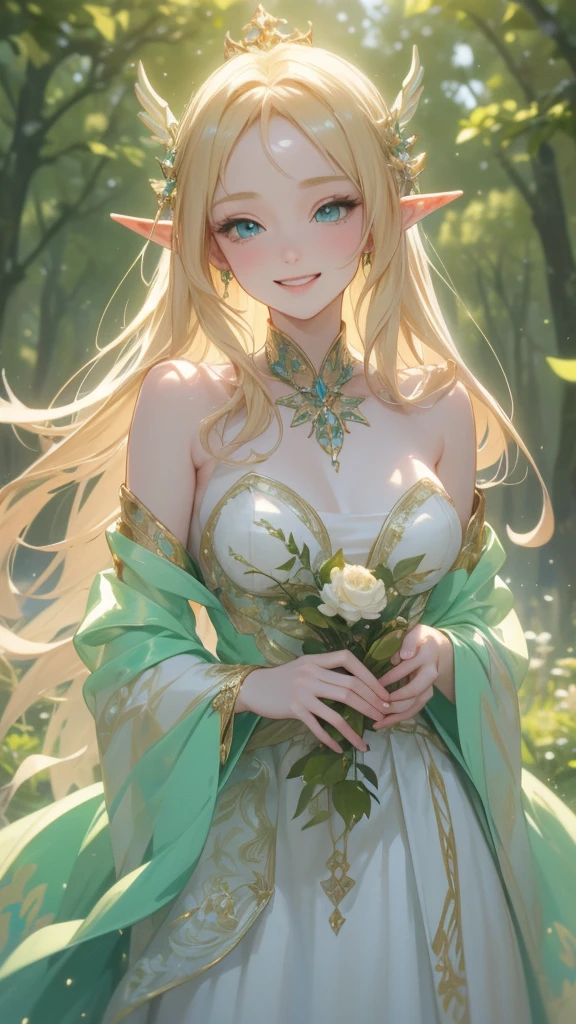  work of art, epic details, ultra detaild, best resolution, blonde, (BEAUTIFUL ELF), crown with crystals ((rosto angelical)), sculptural body, clothes made with green leaves, ((expression of happiness)), (Grinning), great smile, Simple smile, scenario:Enchanted Forest, supper: secret Garden