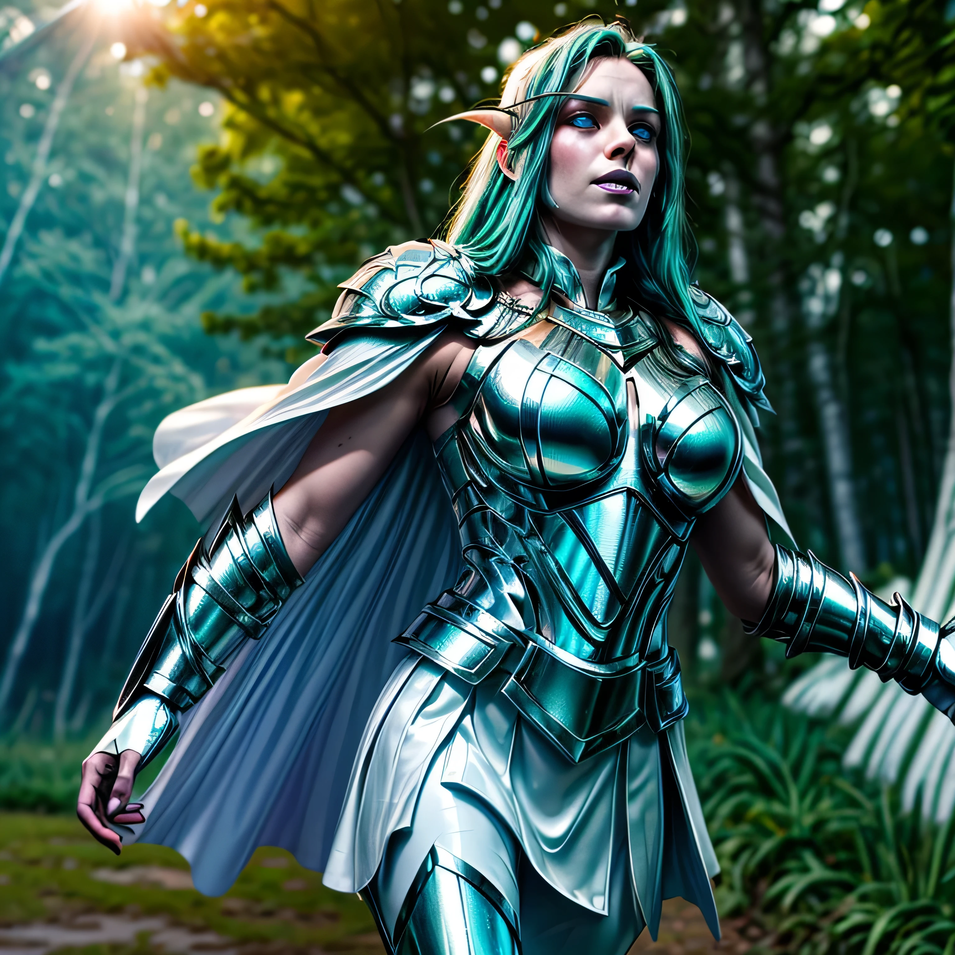 (masterpiece, photorealistic:1.4, extremely intricate:1.3), (photon mapping, radiosity, physically based rendering, ultra resolution, hyper-realistic, 8K), age supermodel twin braids, glowing eyes, tyrande, (((((white chrome armor, white cape, pauldrons)), running), [large breasts:medium breasts:0.3], [skin detail:freckles:0.8])), forest, background outdoor, flowers, glowing butterflies, bokeh, sunset, [aqua hair:blonde hair:0.8]
