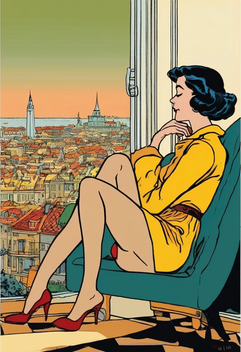 Masterpiece.Illustration by hergé) a bored gorgeous European woman. Age 23. inside her cramped San Francisco apartment with big windows overlooking the city at night. stunning color scheme.