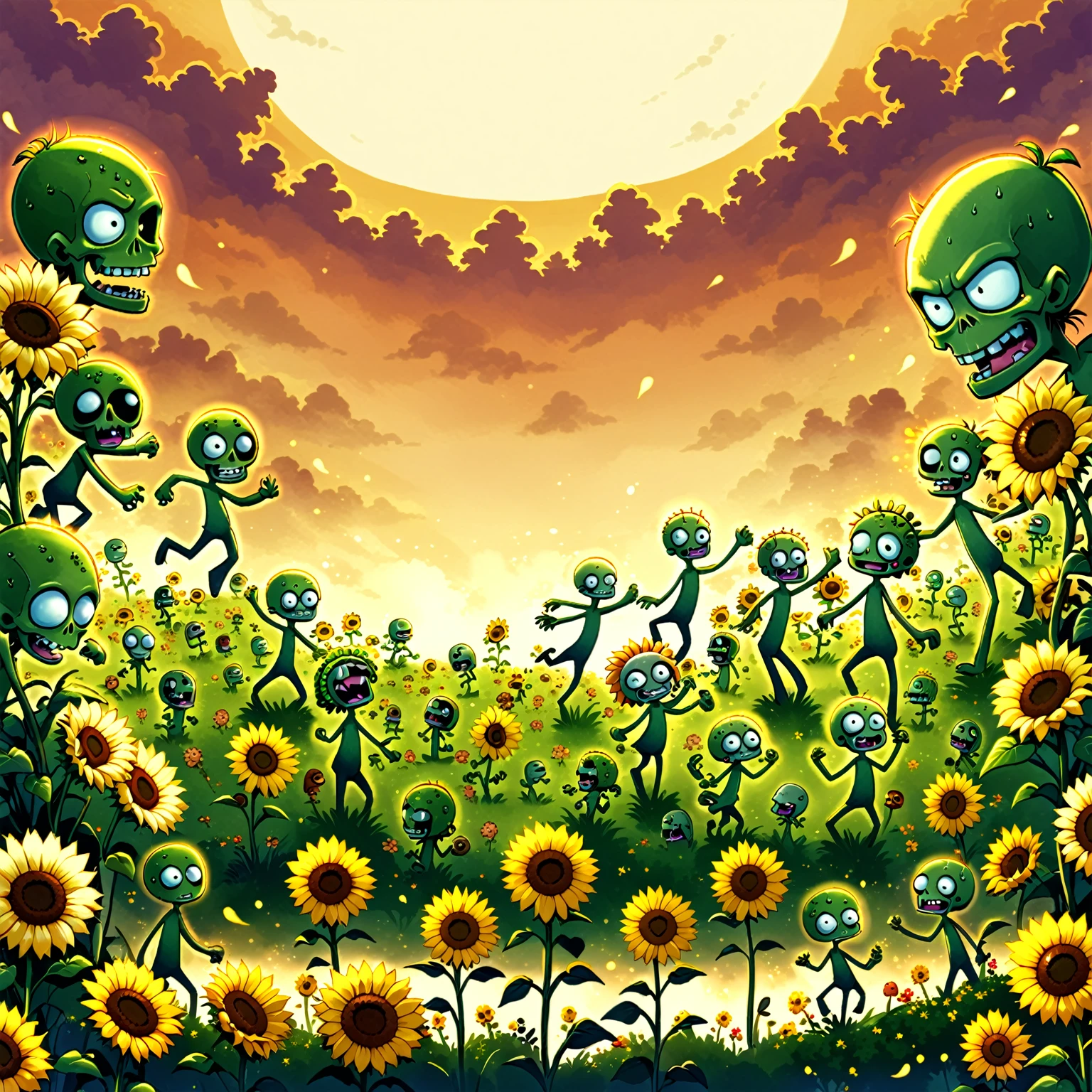 A whimsical illustration depicts a backyard battle between plants and zombies. A sunflower stands tall, its bright yellow petals stretching towards the sky as it unleashes a barrage of sun-powered laser beams to fend off a horde of shambling undead. In the background, a chorus line of dancing peas performs a synchronized routine, their tiny green bodies shimmering in the warm sunlight. The air is filled with the sweet scent of blooming flowers and the distant moaning of zombies craving brains. plants vs zombie