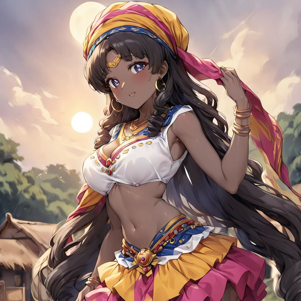 ((Highest quality)), ((masterpiece)), (detailed), (Perfect Face)、The woman is a Ghanaian born Tsukino Usagi with a vivid dark skin, black by birth, and is wearing a colorful Ghanaian dress from a Ghanaian village, a colorful turban head scarf, gorgeous jeweled accessories, and an engagement ring.、The woman is the elegant Tsukino Usagi, with short, naturally curly dreadlocks and black hair like an African. The woman is wearing a colorful Ghanaian dress and a colorful turban headscarf, with vivid dark brown skin. She is a natural black and Ghanaian by birth.、(The woman is a black Ghanaian with vivid dark brown skin.)、The woman is spending time with other village girls in her village in Ghana.
