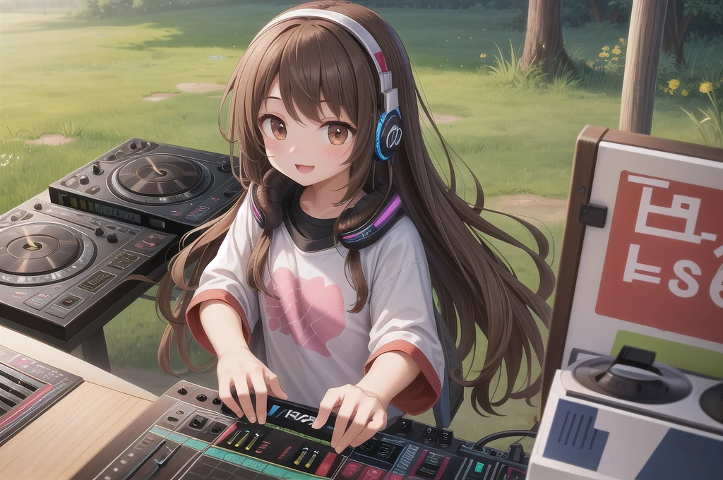One girl, alone, 20-year-old, Brown eyes, Brown Hair, Long, beautiful wavy hair, smile, Nice casual clothes, grassland, headphone, Detailed DJ equipment, djing, masterpiece, Fine Fingers, 最high quality:1.4, high quality, detailed,