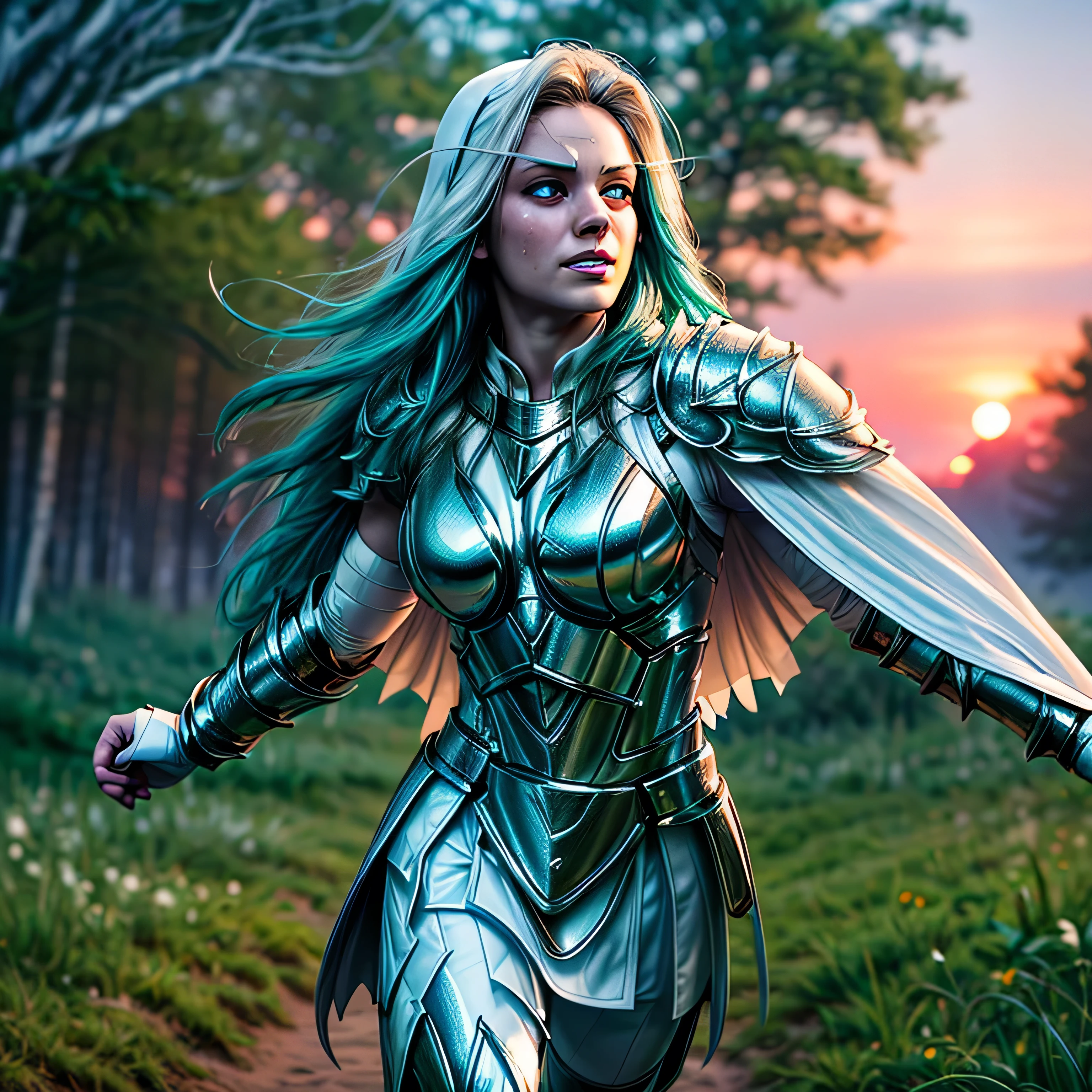 (masterpiece, photorealistic:1.4, extremely intricate:1.3), (photon mapping, radiosity, physically based rendering, ultra resolution, hyper-realistic, 8K), teenage supermodel twin braids, glowing eyes, tyrande, (((((white chrome armor, white cape, pauldrons)), running), [large breasts:medium breasts:0.3], [skin detail:freckles:0.8])), forest, background outdoor, flowers, glowing butterflies, bokeh, sunset, [aqua hair:blonde hair:0.8]
