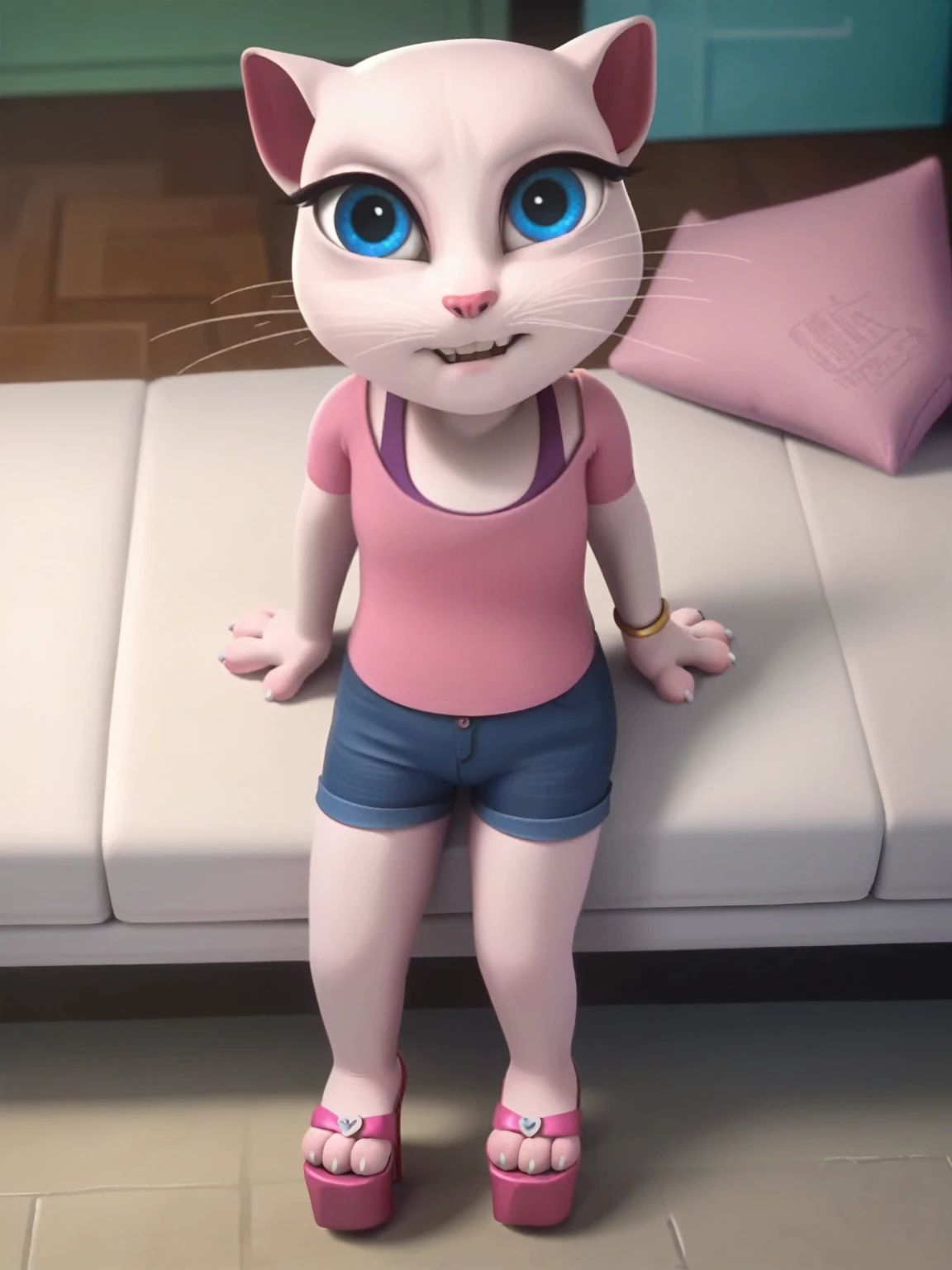 solo focus, a_la, 1girl, cat, white fur, long whiskers on both sides of the face, big bright blue eyes, big black eyelashes, small pink nose, triangular ears with pink channels, small breasts, looking at the viewer, sitting on penis, front view, fuck with legs together, platform high heels, score_9, score_8_up, score_7_up