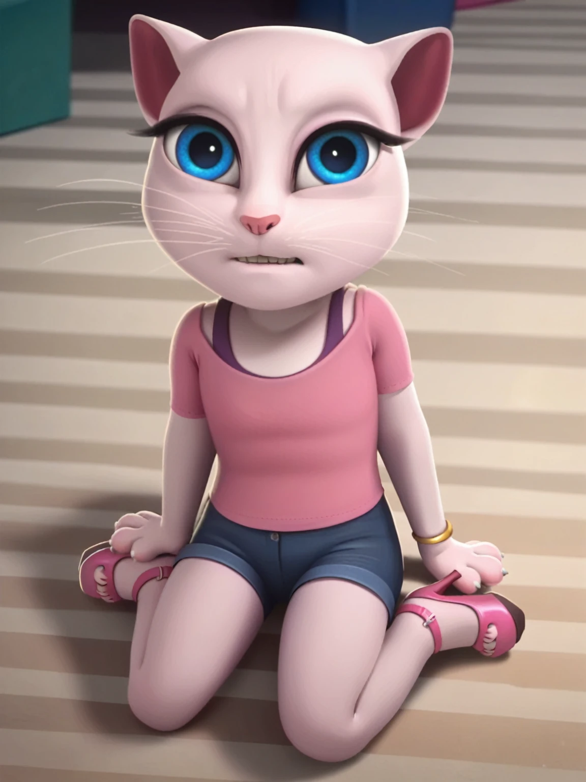 solo focus, a_la, 1girl, cat, white fur, long whiskers on both sides of the face, big bright blue eyes, big black eyelashes, small pink nose, triangular ears with pink channels, small breasts, looking at the viewer, sitting on penis, front view, fuck with legs together, platform high heels, score_9, score_8_up, score_7_up