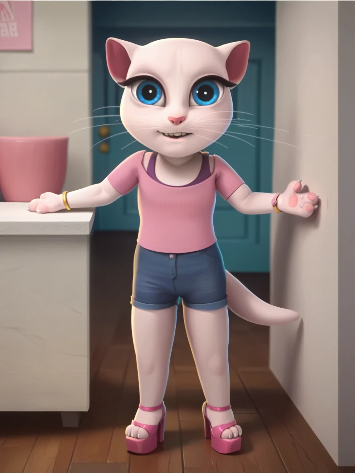 solo focus, a_la, 1girl, cat, white fur, long whiskers on both sides of the face, big bright blue eyes, big black eyelashes, small pink nose, triangular ears with pink channels, small breasts, looking at the viewer, sitting on penis, front view, fuck with legs together, platform high heels, score_9, score_8_up, score_7_up