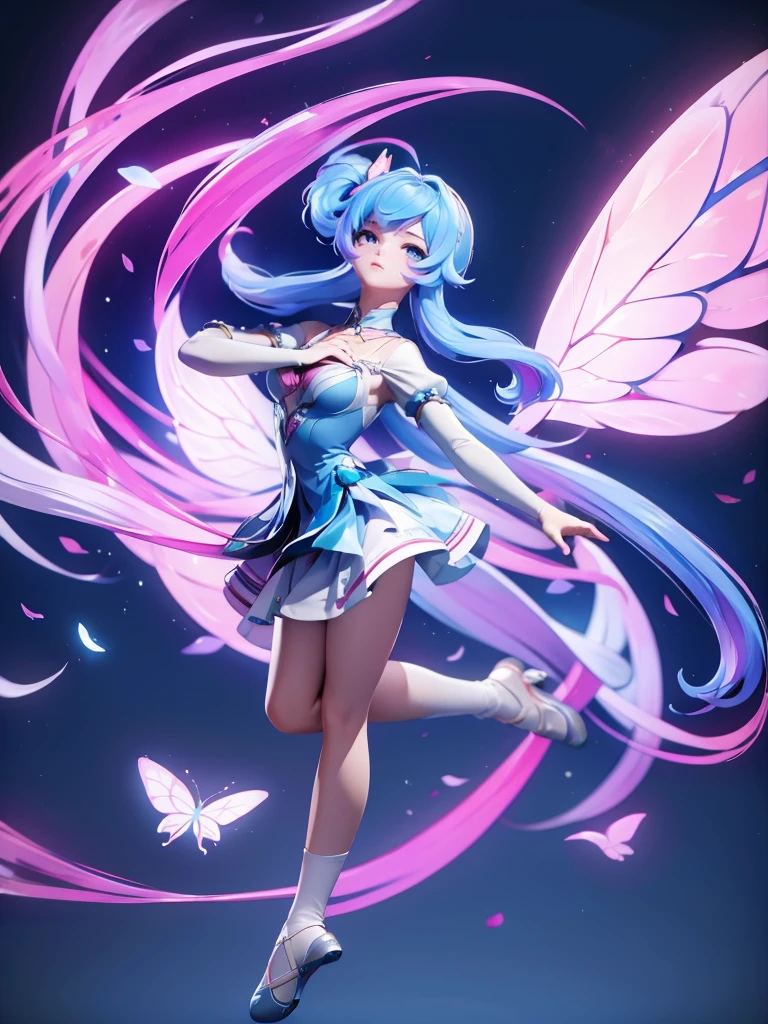 Seizo Watase style, Simple Line Initialism，Abstract art, 3d character, colorful hearts ,(((The most beautiful girl of all time))),  (full body 1.2), only girl, very long hair, bufferfly and sky background, , full body, (((8k))), (((3d)), blue and pink hair, Large butterfly wings on the back, moon,  one hand raised above,  ballet dance, white long socks