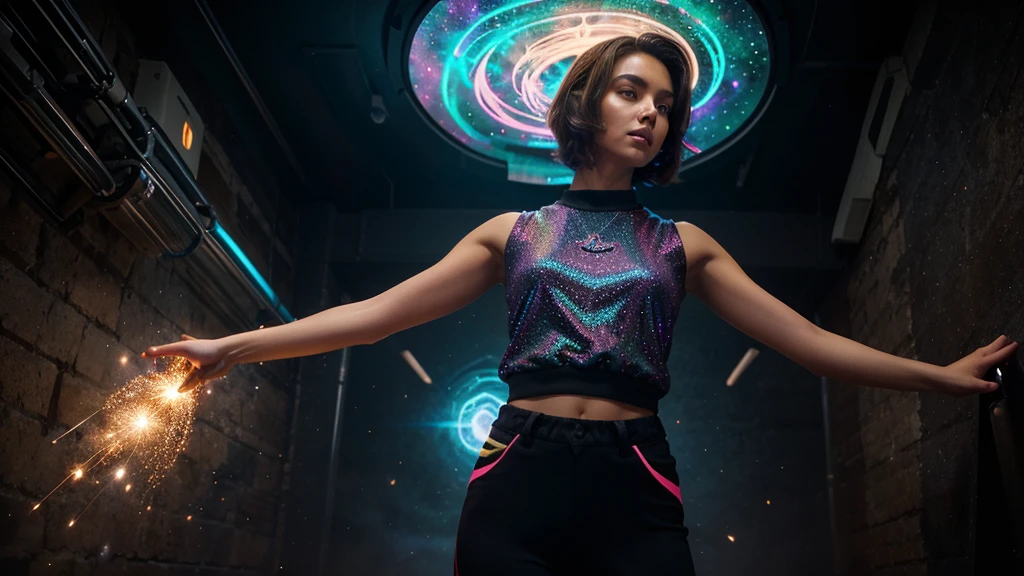 a cute, slender, aerobics instructor, very short brown hair, very short brown hair, very short brown hair, very short brown hair, very short brown hair, brown eyes, dimples, fully clothed, fully clothed, fully clothed, fully clothed, sexy pose; In a kaleidoscopic realm of swirling stardust and neon nebulae, her incandescent form outshines quasars, with obsidian tresses cascading down her silhouette.