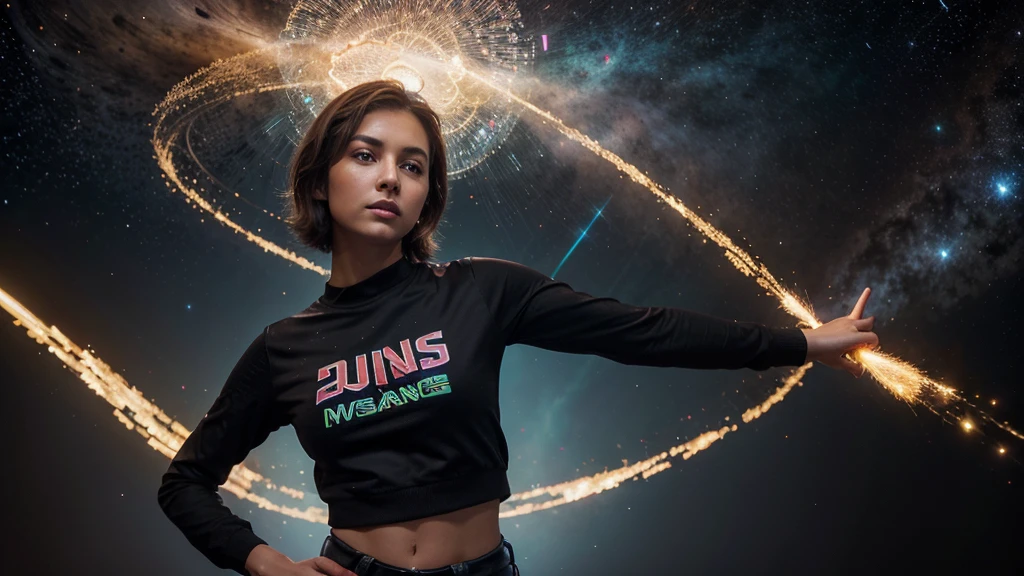 a cute, slender, aerobics instructor, very short brown hair, very short brown hair, very short brown hair, very short brown hair, very short brown hair, brown eyes, dimples, fully clothed, fully clothed, fully clothed, fully clothed, sexy pose; In a kaleidoscopic realm of swirling stardust and neon nebulae, her incandescent form outshines quasars, with obsidian tresses cascading down her silhouette.