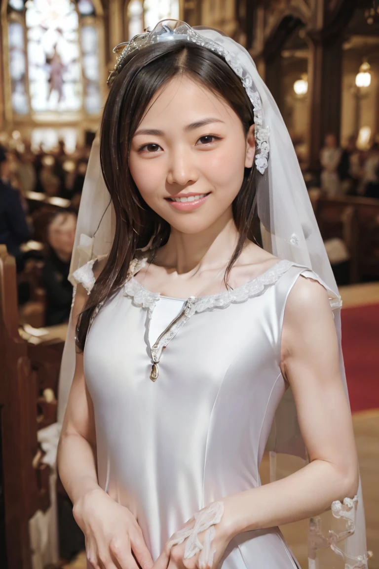 (Highest quality、Tabletop、8K、Best image quality、Award-winning works)、One beautiful bride、(alone:1.1)、(The most luxurious and gorgeous princess line wedding dress:1.5)、(Perfect wedding veil:1.5)、(The most gorgeous and luxurious giant tiara:1.5)、(The most extravagant and luxurious giant necklace:1.5), (has a beautiful bridal bouquet:1.5)、((Look at me with your best smile:1.5))、((View your viewers:1.5))、((Looking into the camera:1.5))、A wide selection of the finest jewellery、Cowboy Shot、Perfect Makeup、Long eyelashes、Ultra HD Shining Eyes、Ultra HD Hair, 38 years old、((Skinny:1.7))、((flat chest:1.8))、((slender body:1.5))、((Medium sized breasts:1.5))、Ultra-high resolution glossy lips、Ultra High Resolution Perfect Teeth、Super high resolution beautiful face、(Accurate anatomy:1.1)、(Very bright and beautiful skin:1.2)、(very bright and vivid:1.2)、((Perfect beautiful bridal hairstyles))、(A gorgeous and elegant church:1.5)、(A gorgeous and beautiful church:1.5)、(Front facing body:1.1)、(The most romantic atmosphere:1.5)、(Strongly blurred background:1.1)、(Calm and warm lighting:1.1)、