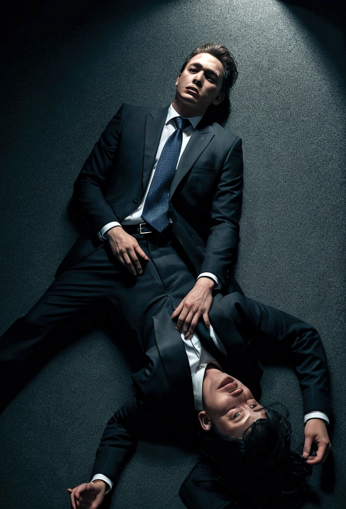 Picture a man in a suit lying on the floor in the dark like a horror movie